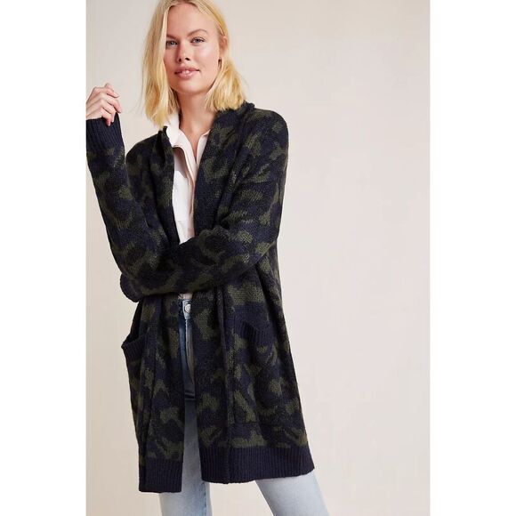 Anthropologie Jensen Cardigan size L Green Blue Open Front Camo Open Front - Picture 1 of 12